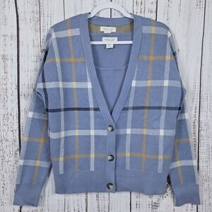 RACHEL ZOE L Blue Plaid Knit Twinset Cardigan Sweater Tank Top Preppy Academic‎